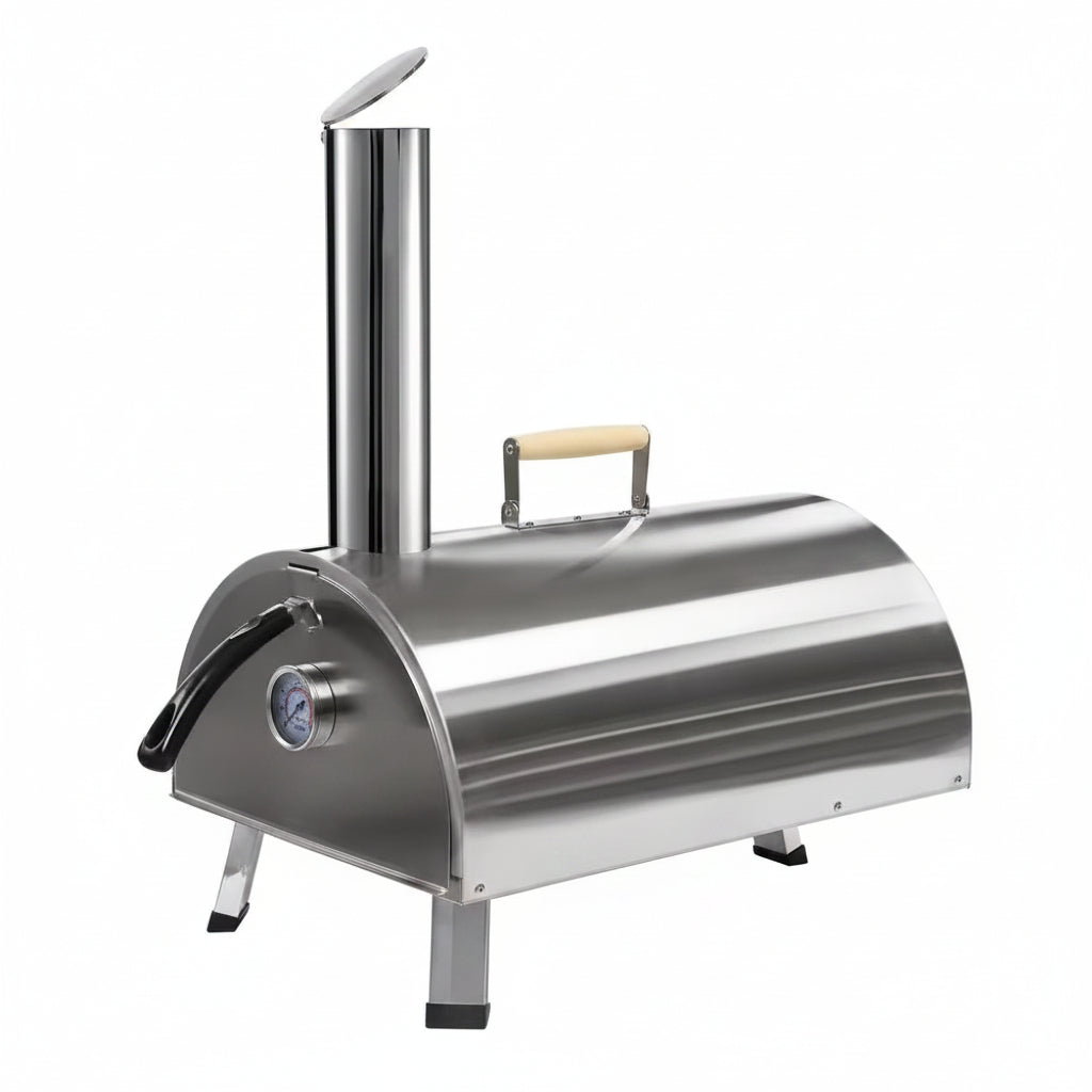 12In Portable Silver Wood-Fired Outdoor Pizza Oven, Includes a Baking Tray, Grill, and Various Accessories.