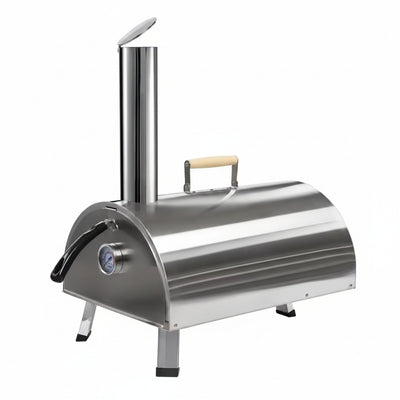 12In Portable Silver Wood-Fired Outdoor Pizza Oven, Includes a Baking Tray, Grill, and Various Accessories.