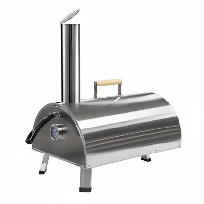 12In Portable Silver Wood-Fired Outdoor Pizza Oven, Includes a Baking Tray, Grill, and Various Accessories.