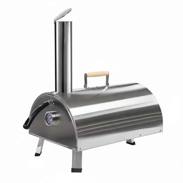 12In Portable Silver Wood-Fired Outdoor Pizza Oven, Includes a Baking Tray, Grill, and Various Accessories.