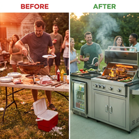 Modular Outdoor Kitchen BBQ Island, 104" Outdoor Kitchen Propane Gas Island Grill with Sink, Compact Refrigerator, Storage Cabinets, Rotisserie Kit (Silver, 104") — Before & After