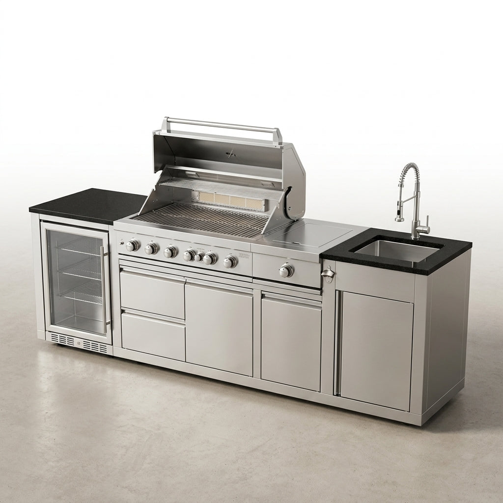 Modular Outdoor Kitchen BBQ Island, 104" Outdoor Kitchen Propane Gas Island Grill with Sink, Compact Refrigerator, Storage Cabinets, Rotisserie Kit (Silver, 104") — Studio Shot