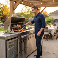 Modular Outdoor Kitchen BBQ Island, 104" Outdoor Kitchen Propane Gas Island Grill with Sink, Compact Refrigerator, Storage Cabinets, Rotisserie Kit (Silver, 104") — Lifestyle