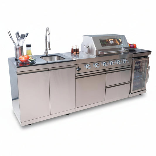 BBQ Island Outdoor Kitchen Kits, 4-Burner 72000 BTU Stainless Steel Modular 98 Inch Natural Gas Outdoor Kitchen Bar Barbecue Island Grill with Refrigerator and Sink for Patio Backyard