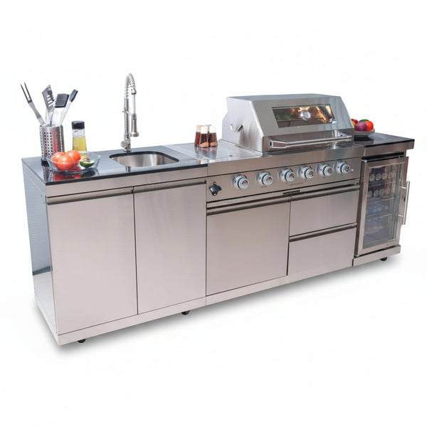 BBQ Island Outdoor Kitchen Kits, 4-Burner 72000 BTU Stainless Steel Modular 98 Inch Natural Gas Outdoor Kitchen Bar Barbecue Island Grill with Refrigerator and Sink for Patio Backyard