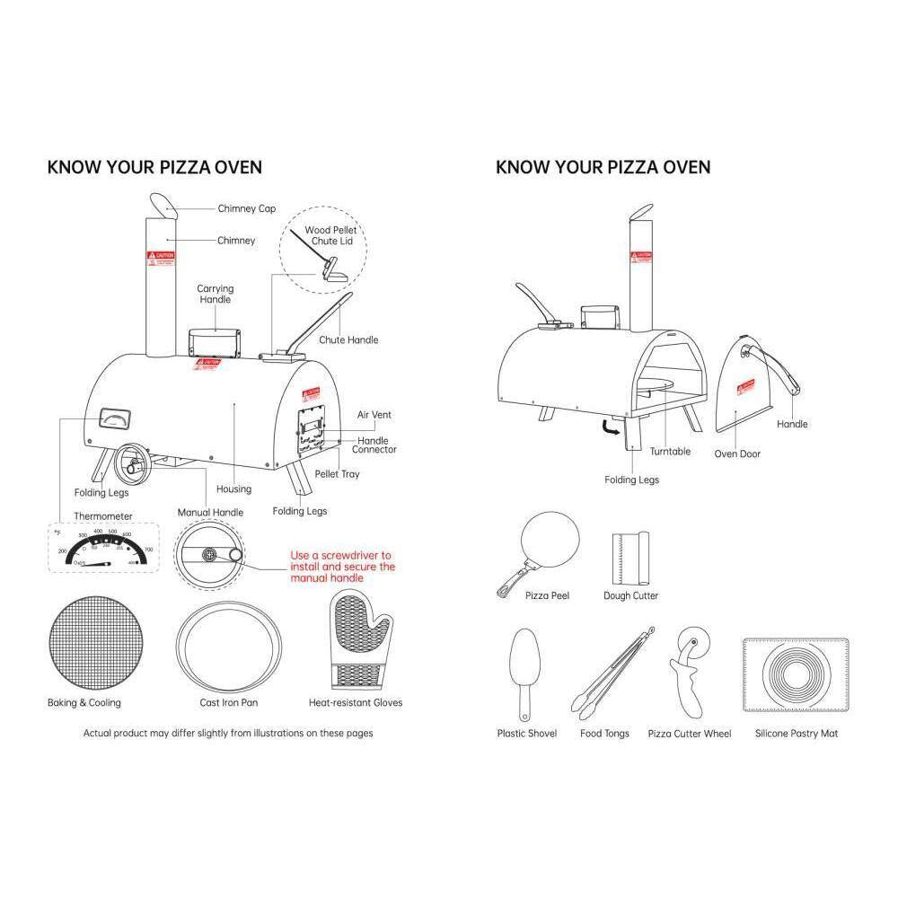 12In Portable Silver Wood-Fired Outdoor Pizza Oven, Includes a Baking Tray, Grill, and Various Accessories.